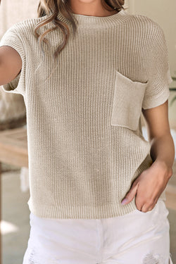 Pale khaki sweater with short sleeve and pocket pocket