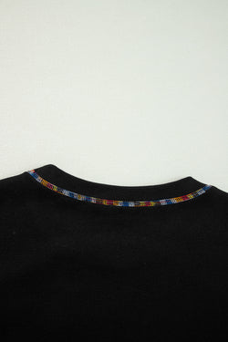 Black Drop Shoulder Sweatshirt with Contrast Rainbow Trim