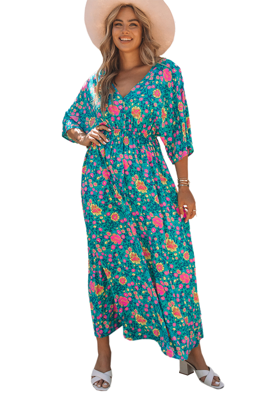 Grüne Boho Deep V Neck Blumen Maxikleid