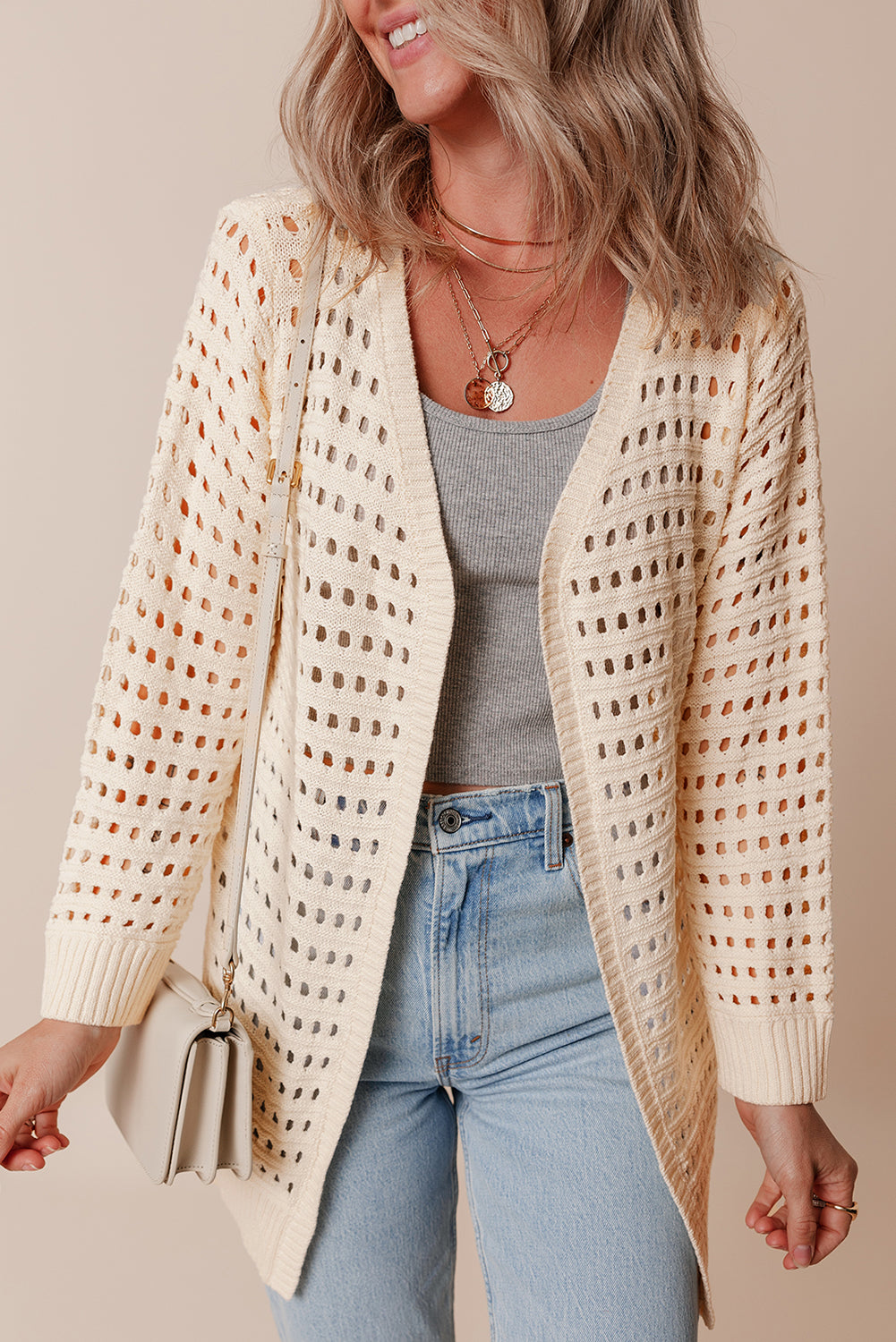 Cardigan Duster en tricot ouvert de couleur unie abricot