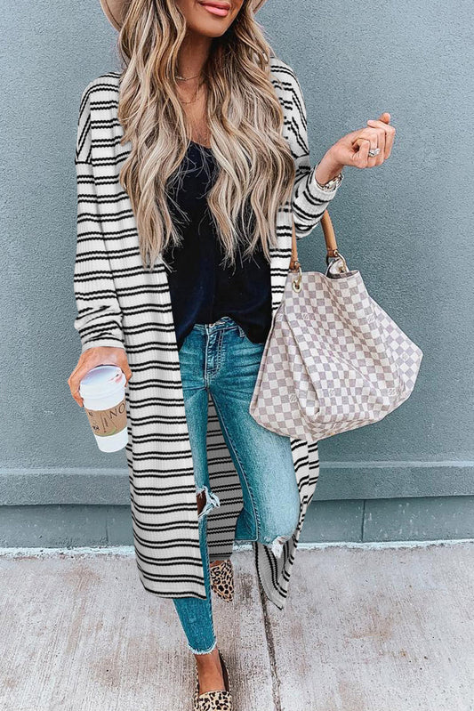 Black Striped Printed Open Front Duster Cardigan