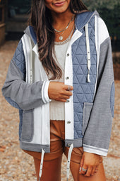 Light Blue Patchwork Textured Quilted Loose Fit Hooded Jacket