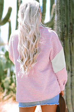 Pink Houndstooth Color Contrast Textured Patchwork Loose Jacket