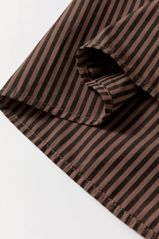 Classic brown stripe shirt, V -neck, rolled up sleeves, patched pocket