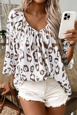 Khaki blouse printed leopard gathered with v * collar