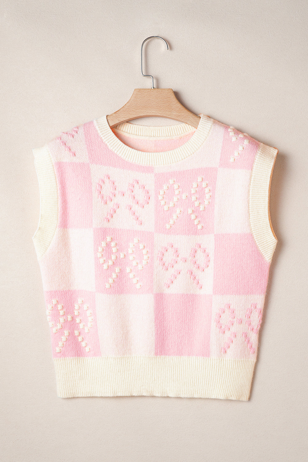 Gilet pull à carreaux rose Preppy avec nœud et détail