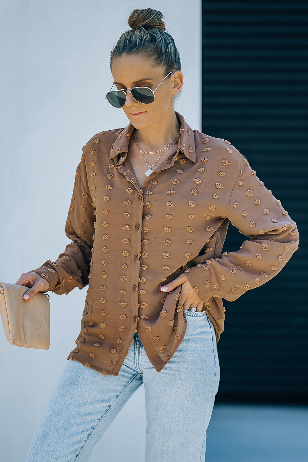 Brown Long Sleeve Button Fuzzy Polka Dot Shirt