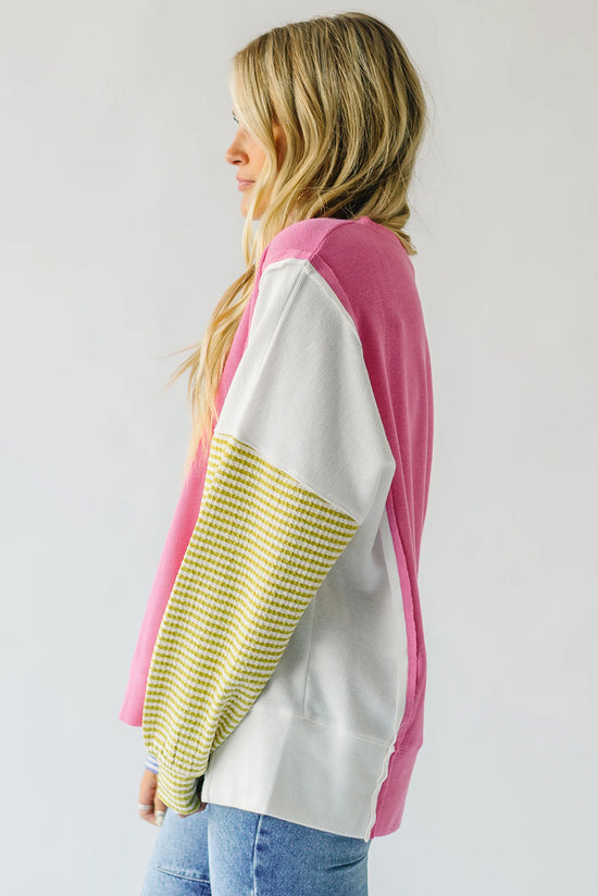 Long sleeve top in striped patchwork with pink sodium stitching