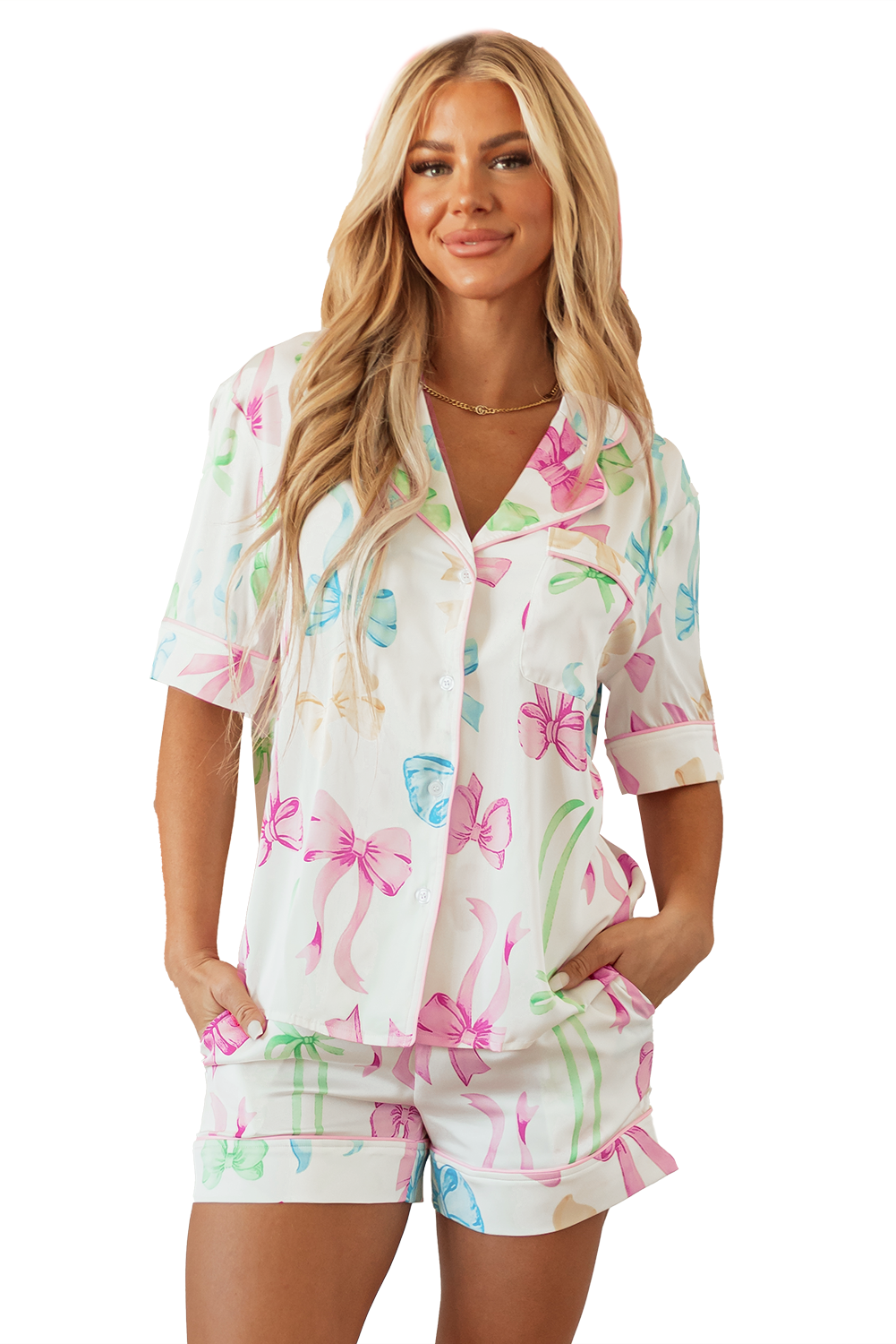 Ensemble pyjama blanc avec chemise boutonnée et short taille haute imprimé nœud papillon-A WOMAN WE LOVE