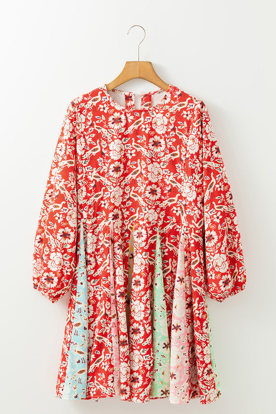 Long-sleeved folded mini-red and red-colored floral patchwork