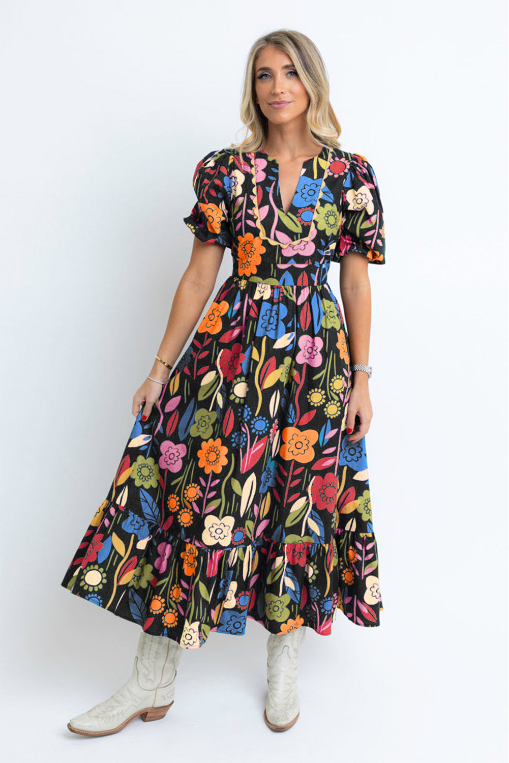 Black Retro Floral Stamped Split Neck Maxi Dress