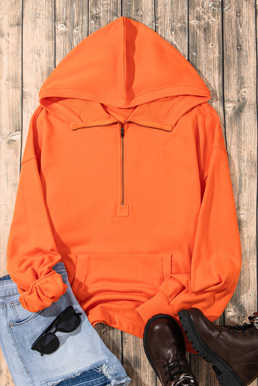 Orange massiver Känguroo -Tasche halb Reißverschluss übergroßer Hoodie