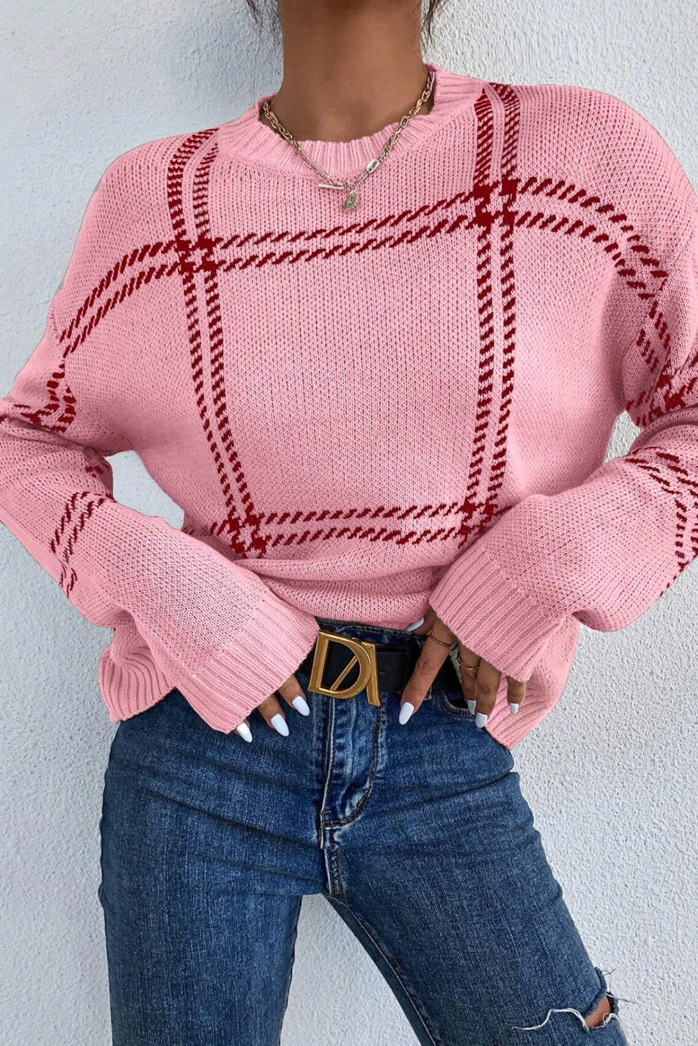 Pink Plaid Knitted Drop Shoulder Sweater