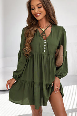 Green Ruffled Lace Button Mini Dress with Puff Sleeves and Tiered Skirts