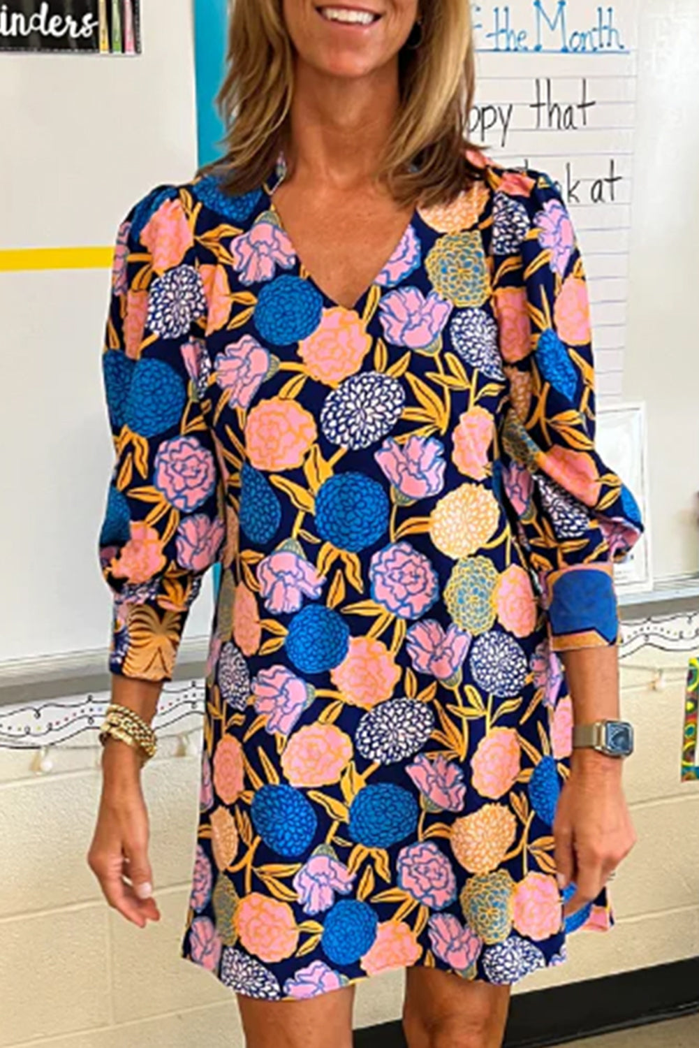 Navy blue dress with floral print hydrangea with bishop and v -collar sleeves