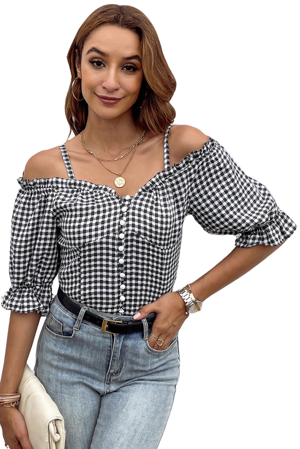 Schwarzer Schatz Gingham Button Down Cold Schulter Bluse