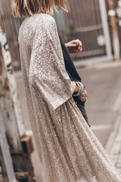 Apricot Sequined 3/4 Sleeve Open Wrap Kimono