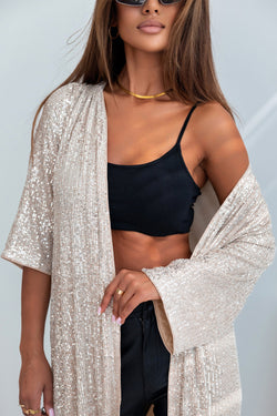 Apricot Sequined 3/4 Sleeve Open Wrap Kimono