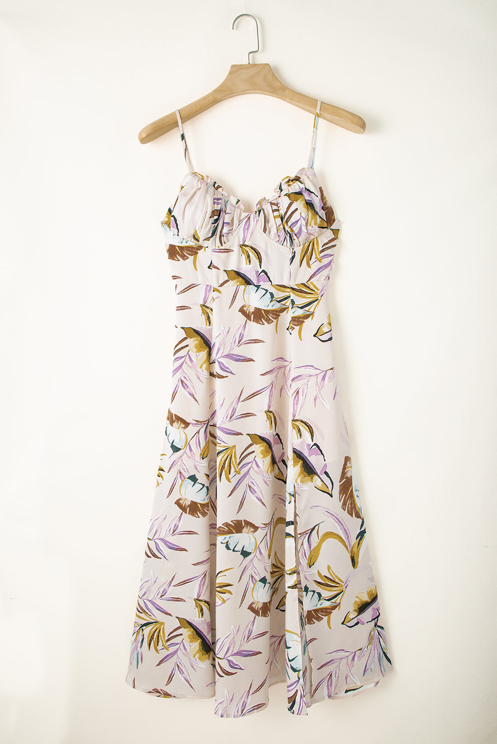 Apricot tropical print spaghetti strap dress