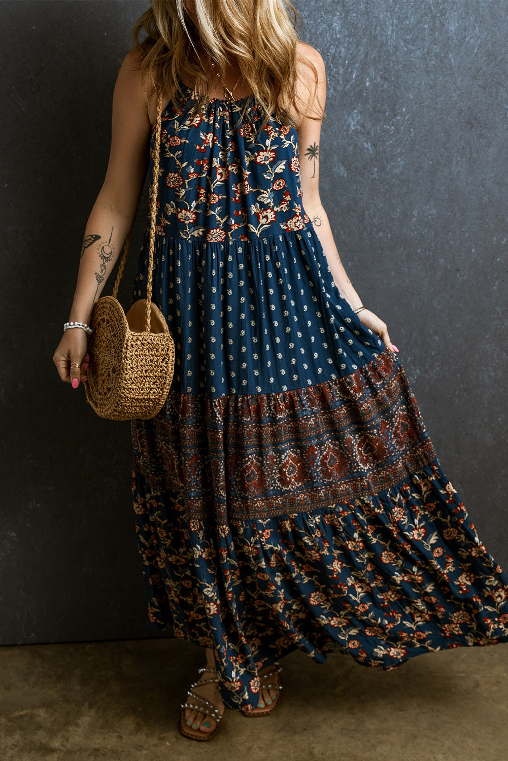 Vestido maxi de empalme floral azul boho