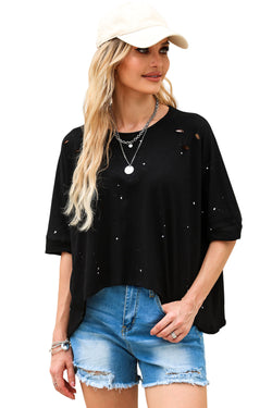 Black high with short sleeves and asymmetrical hem discolored in distress