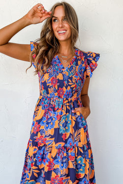 Vestido floral bohemio largo en V -neck y volantes en varios niveles de azul oscuro