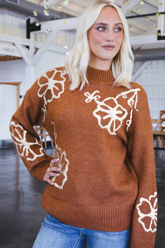 Chestnut floral print ribbed knit sweater