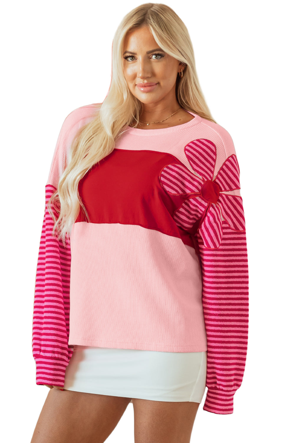 Termized sleeve high -sleeved and pink floral patch