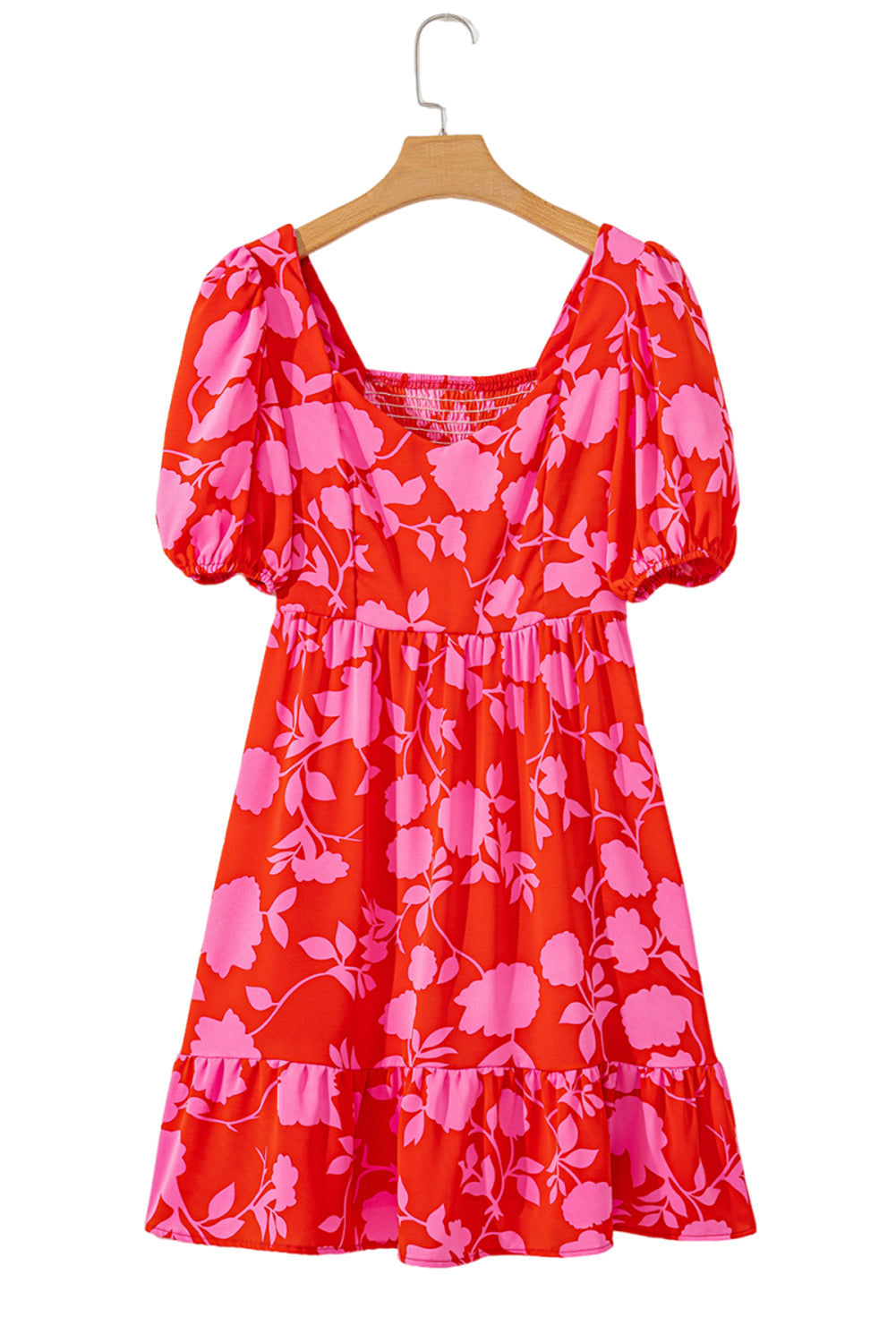 Mini-robe à volants et manches bouffantes à fleurs, col en cœur, rouge