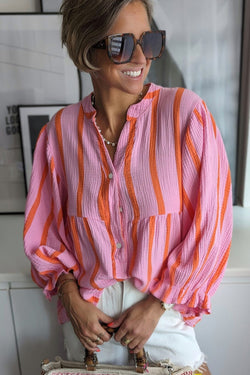 Bullyed shirt with rushed sleeve buttoned with orange stripes