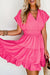 Strawberry pink dress with ruffles and gathered sleeves, V-neck, smocked waist