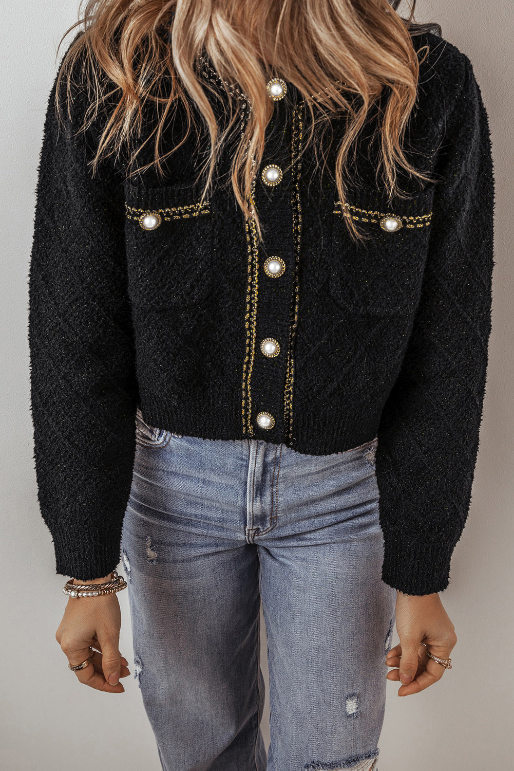 Black Sparkle Button Cardigan with Flap Pocket