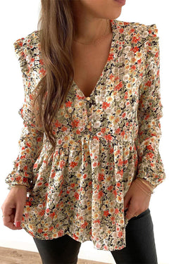 Babydoll khaki flower blouse with V -collar and ruffles