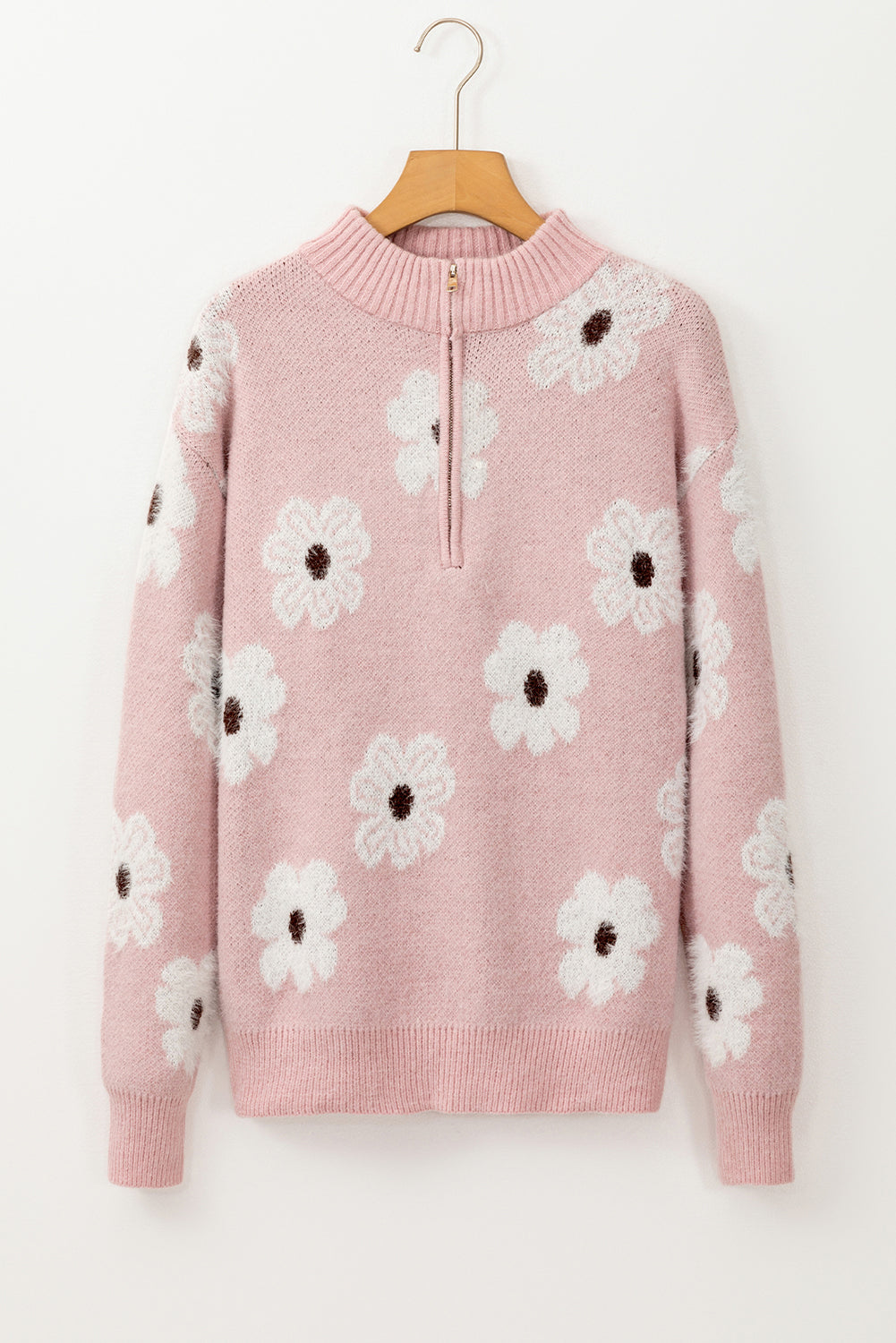 Pink floral pattern half zip drop shoulder sweater