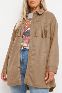 Khaki Suede Jacket with Fringe Trim, Plus Size