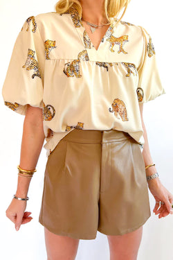 Puffy sleeve blouse and cracked fellow print apricot cheetah