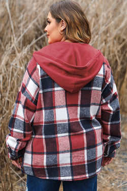 Plus Size Red Plaid Printed Buttoned Hooded Jacket