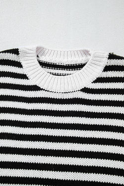 Black and white striped bishop sleeve drop shoulder knit sweater