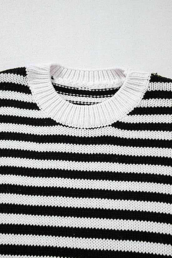 Black and white striped bishop sleeve drop shoulder knit sweater