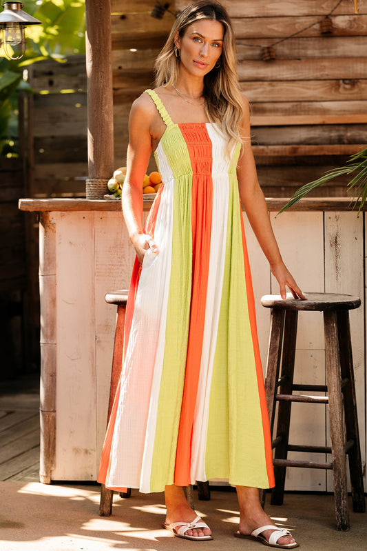 Green Color Block Ruched High Waist Flared Maxi Dress