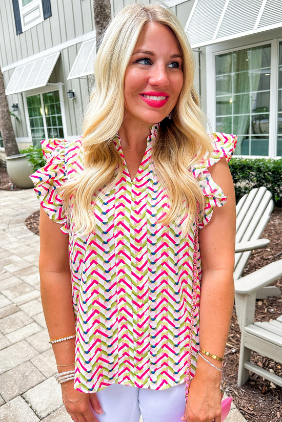 Multicolor blouse with chevrons and ruffle sleeves