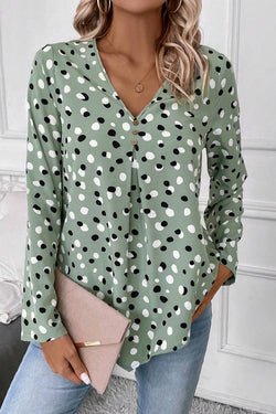 Green polka dot blouse and buttoned print *