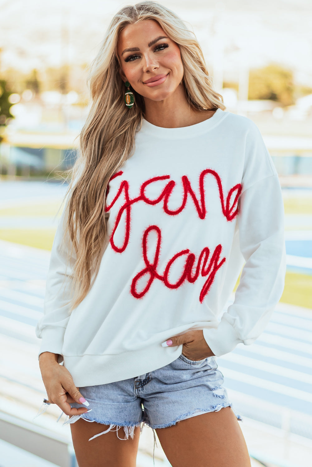 White Tinsel Game Day Drop Shoulder Graphic Sweatshirt