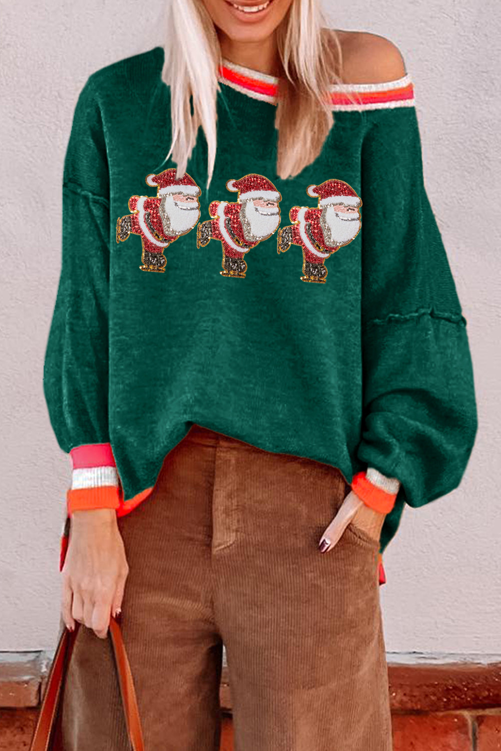 Crew neck sweater with striped trim and glittery Santa motif in blackish green