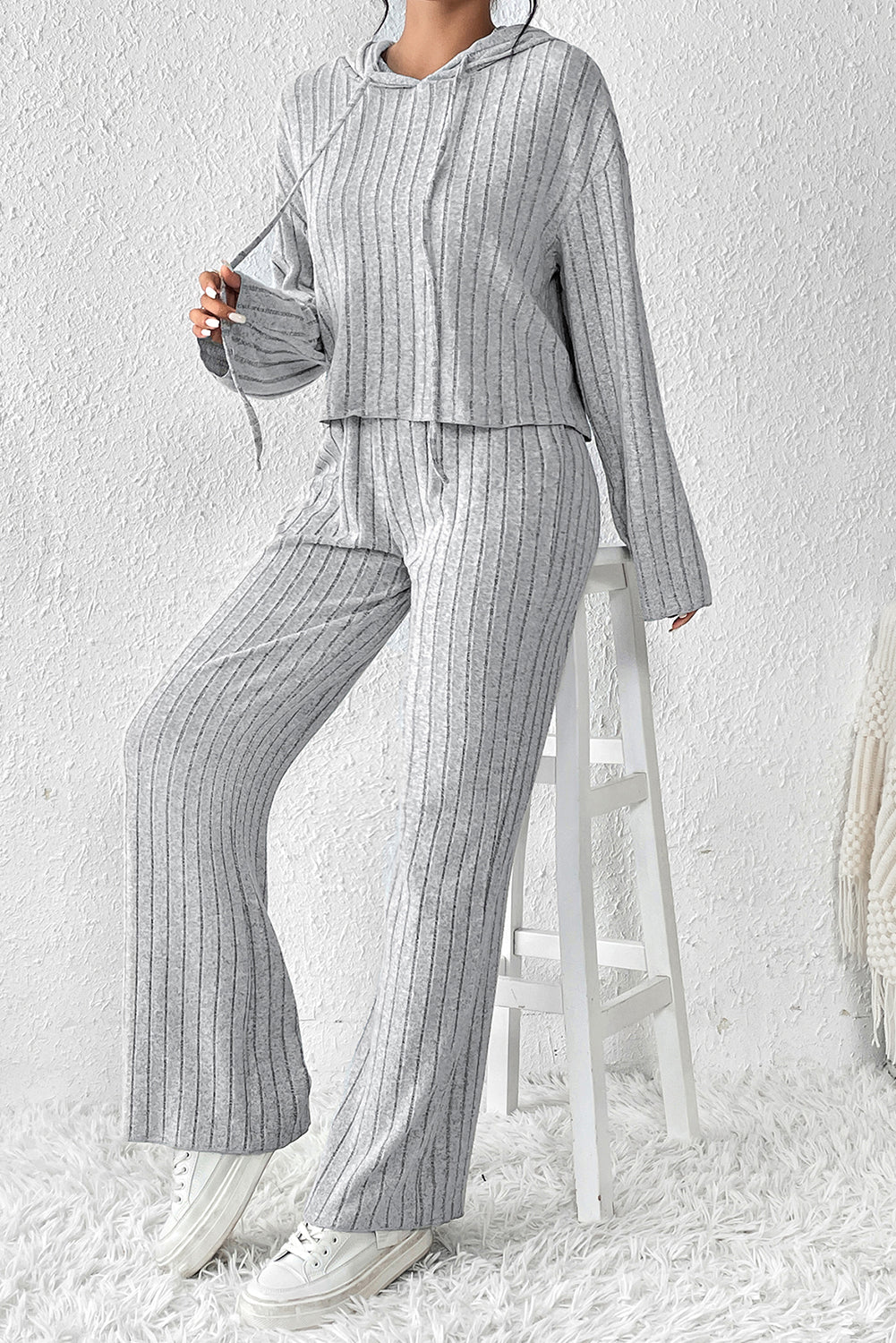 Grey Ribbed Knit Hooded Wide Leg Pant Set