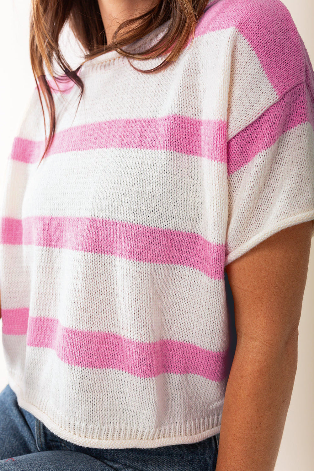 Pink Stripe Dropped Short Sleeve Lightweight Knitted Top