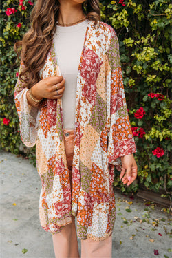 Boho style patchwork floral open white kimono