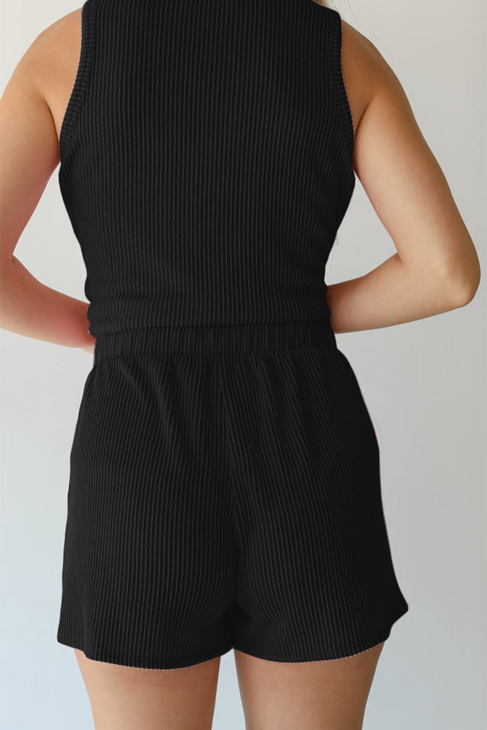 Black Drawstring Sleeveless Top and Pocket Shorts Set