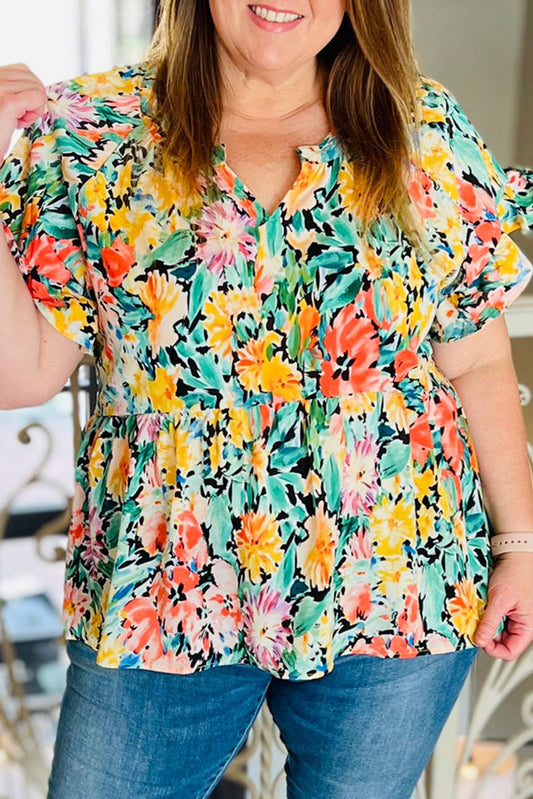 Camiceuga floreale multicolore plus size arruffata