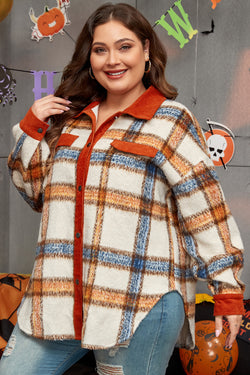 Plus Size Brown Striped Plaid Print Collar Button Down Jacket